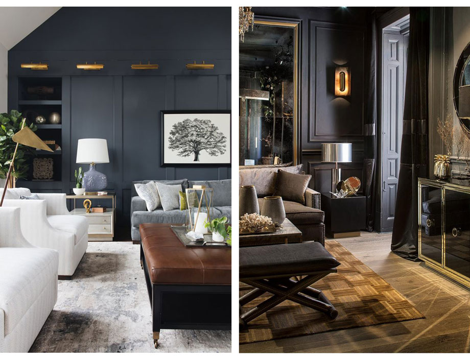 Ejemplos de forrados para pared en tonalidades oscuras para salones