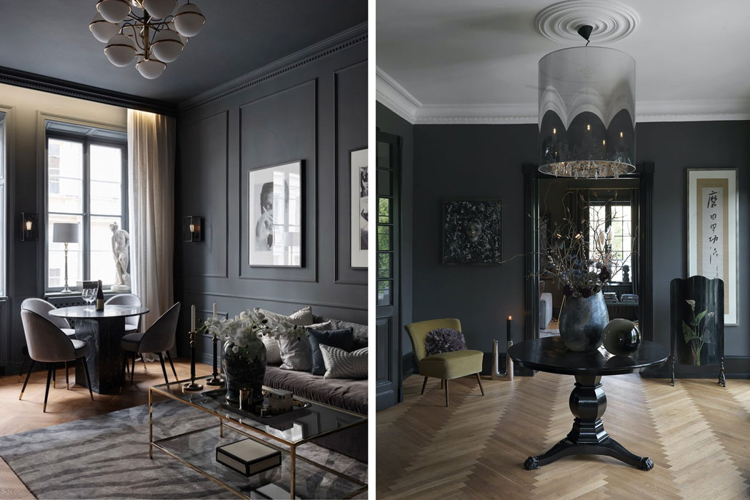 Elementos decorativos y combinación de suelos, paredes y techos dark