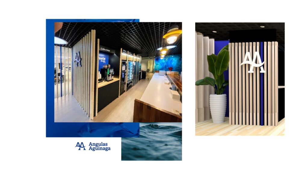 Color azul en la identidad corporativa en las instalaciones de Angulas Aguinaga