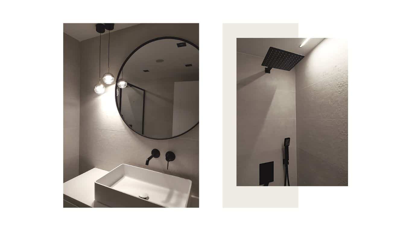 Grifería negra en baño moderno de diseño en Zaragoza.