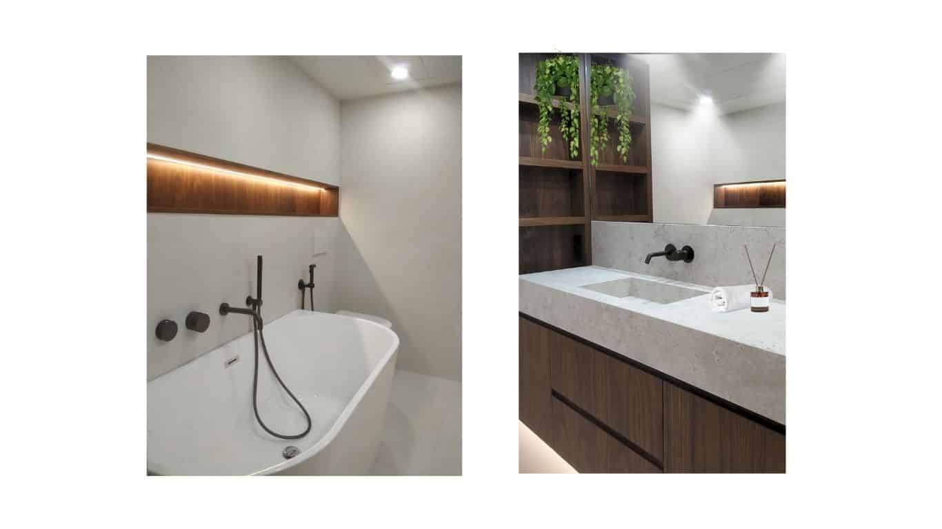 Grifería negra en baño moderno de diseño en Zaragoza.