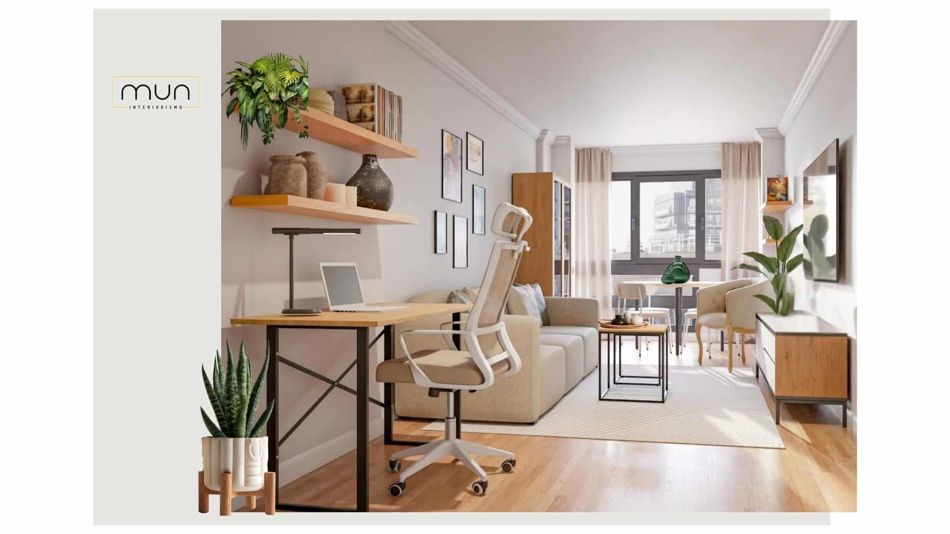 Salón con zona de trabajo integrada y organizada